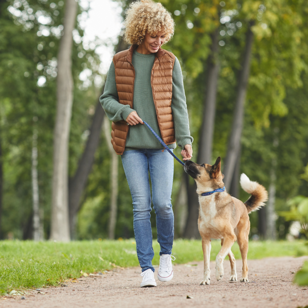 A woman walking her dog in a scenic natural setting, enjoying fresh air and embracing holiday self-care for moms.