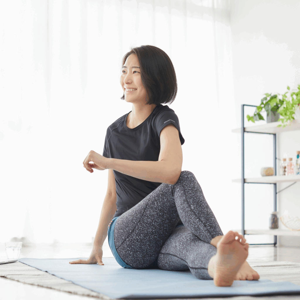 Midlife woman building strength and vitality through gentle exercise.