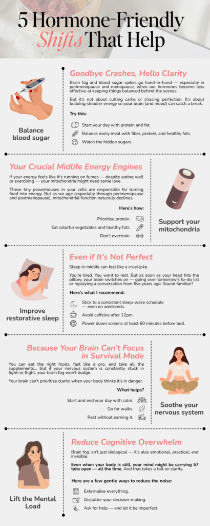 Infographic of 5 brain fog support strategies for midlife women.