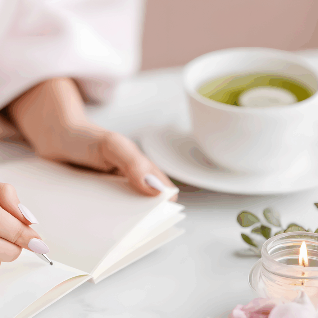 A woman journallling with a calming tea and candle.