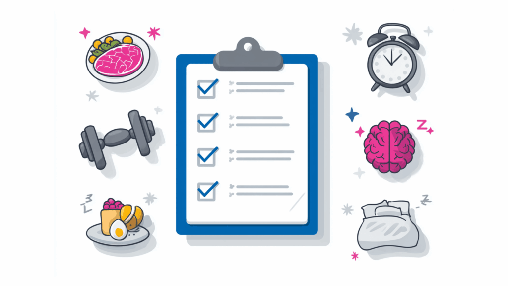 A clean graphic checklist with icons next to: protein-rich meals, strength training, nervous system tools, quality sleep