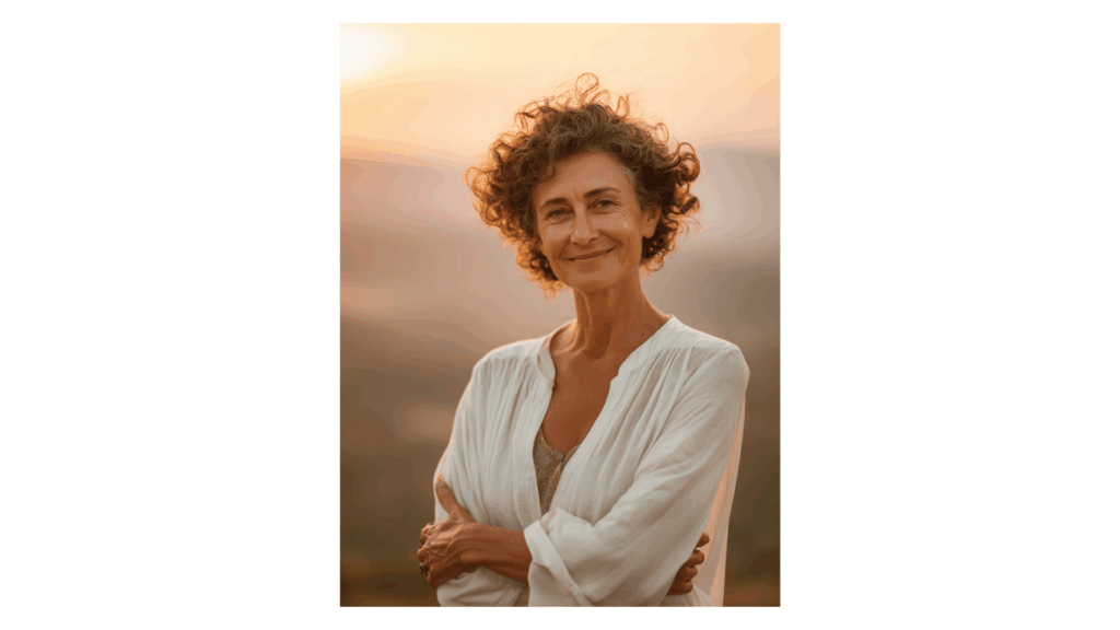 Peaceful, confident midlife woman smiling with arms crossed